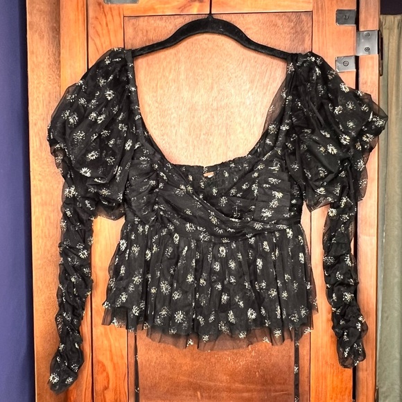 Free People Whimsygoth Sheer Babydoll Top Black Floral Mesh Cropped Y2K Small - Picture 2 of 4
